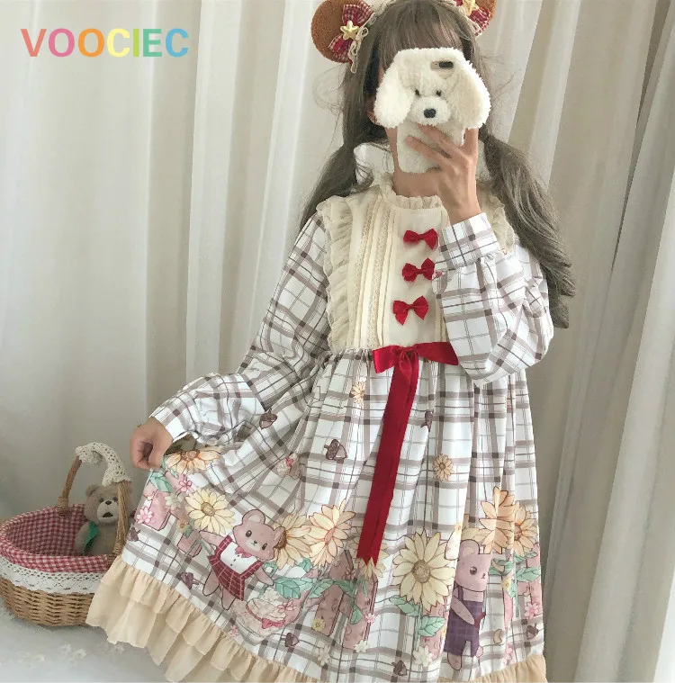 

VOOCIEC 2020 женское кавайное платье лолиты Косплей милая девочка принцесса чай Вечеринка Loli Cos оригинальный дизайн Подсолнух медведь op светильн...