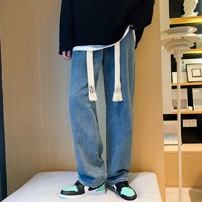 Blue/Black Baggy Jeans Men Fashion Casual Drawstring Wide-leg Jeans Men Streetwear Loose Hip-hop Straight Denim Pants Mens M-2XL