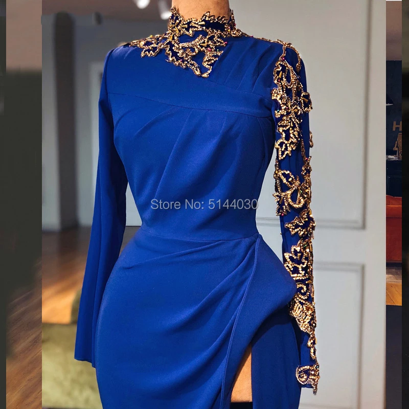 Королевские синие мусульманские Вечерние платья 2019 с длинными рукавами высоким