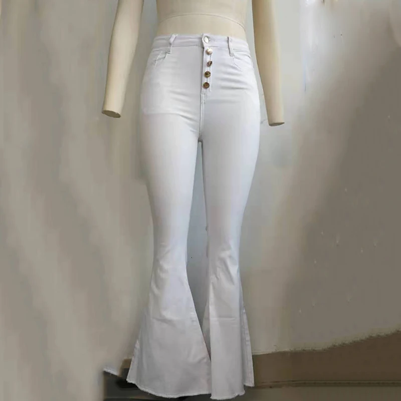 2019 Fashion Buttoned Bell-Bottom High Waist Pants Women Solid slim fit white flare pants Summer Elegant workwear patalon femme | Женская