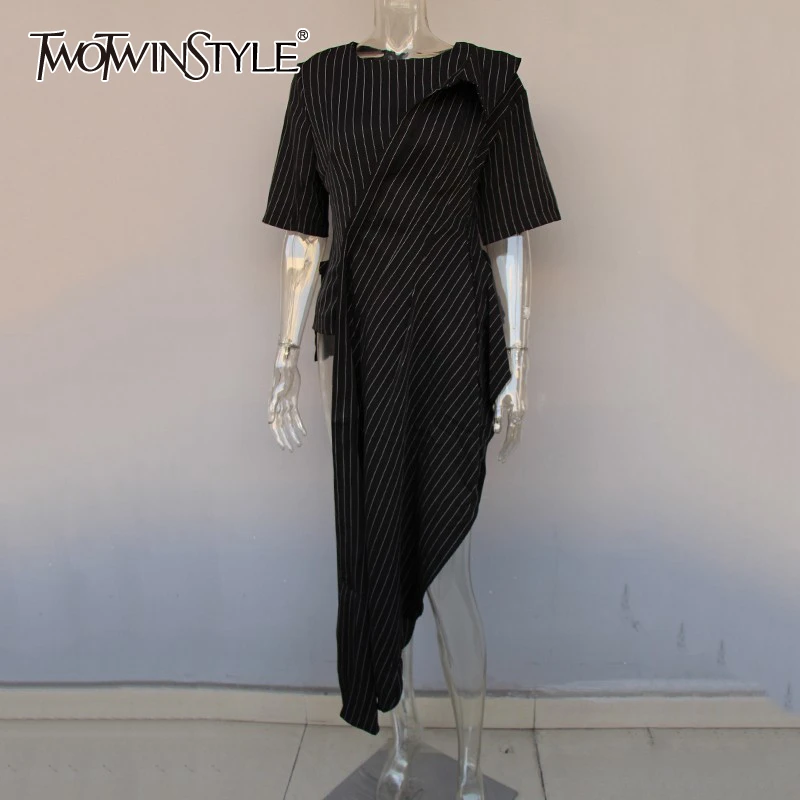 

TWOTWINSTYLE Casual Striped Shirt For Women O Neck Short Sleeve Irregular Hem Long Blouse Female Fashion Clothing 2020 Summer