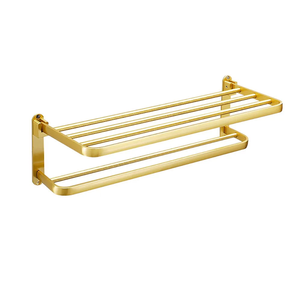 

Towel Holder Punch-Free Bathroom Accessories Folding Storage Shower Rack Brushed Gold Aluminum Organizer Hanger Wall-Mounted
