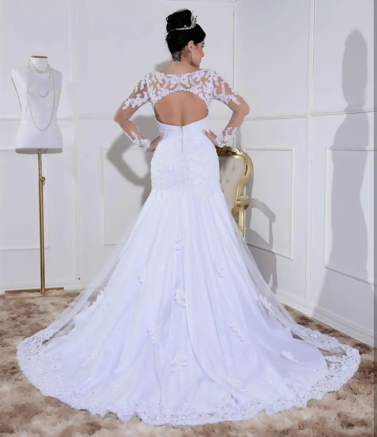 2020 свадебное платье Русалка с длинным рукавом Совок белый Ivpry Свадебные платья