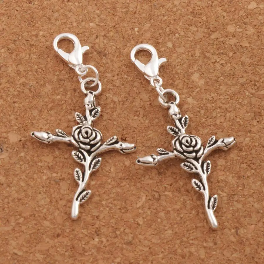 

80pcs Zinc Alloy Vintage Rose Flower Cross Clasp European Lobster Trigger Clip On Charm Beads C440 23.7x48.5mm