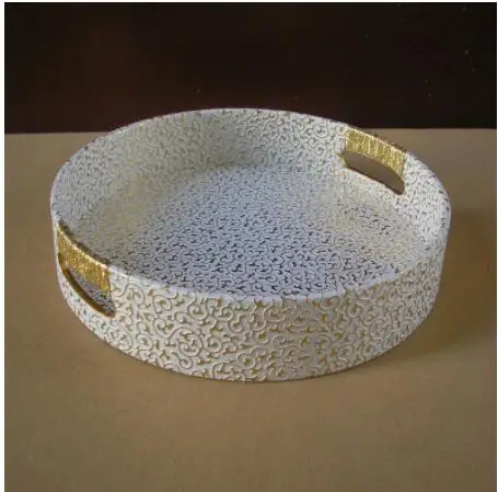 round diameter 29cm Диаметр 29 см круглый кожаный поднос для хранения, декоративный поднос для фруктов, поднос для еды, тисненый Золотой над белым 296C - Цвет: round diameter 29cm