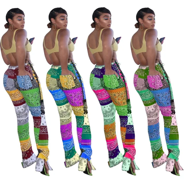 

Autumn Streetwear Print Women Lace Up Side Flare Slit Pants Fashion patchwork strappy split Trousers Draped