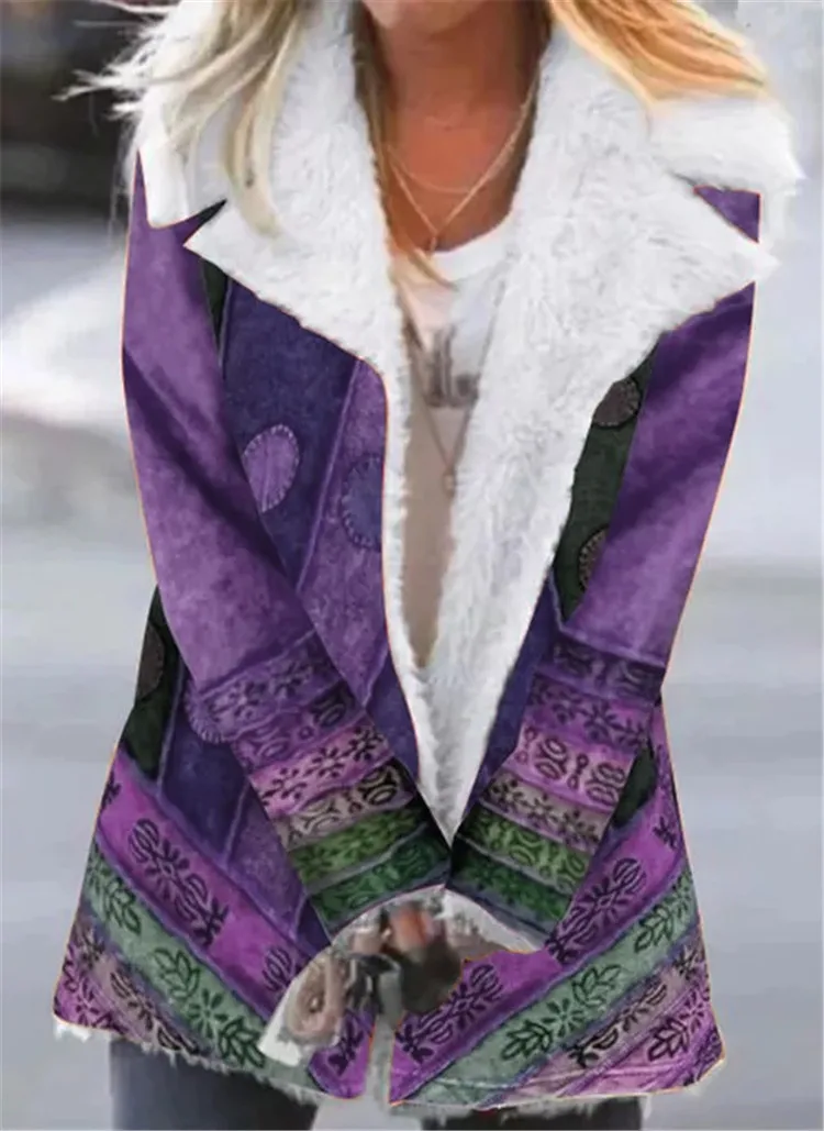 

2021 New Printed Long-sleeved Lapel Plush Jacket, Printed Long-sleeved Lapel Plus Fluffy Cold and Windproof Jacket