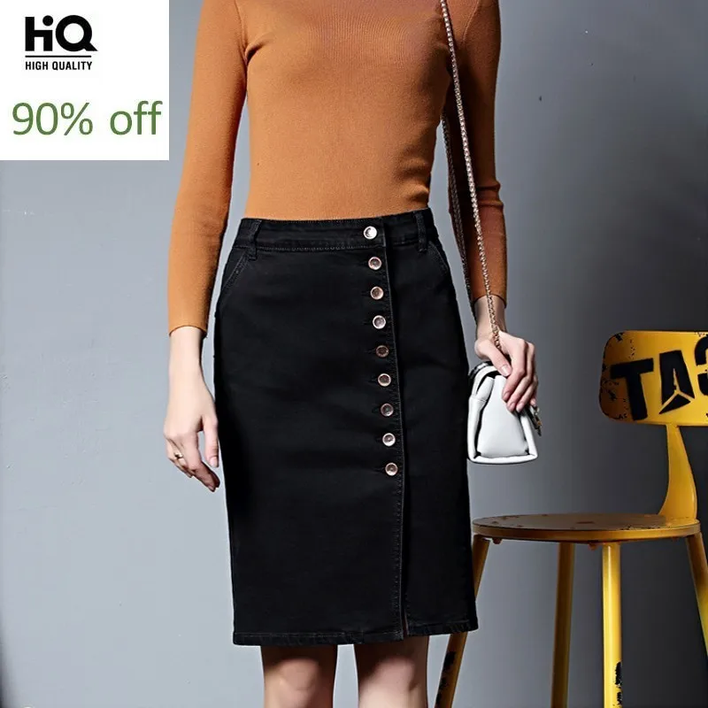 Plus Size 5XL 6XL Hot Sale Elegant Ladies High Waist Bounce Denim Skirts Single Breasted Jeans Saia Slim Fit Knee Length | Женская