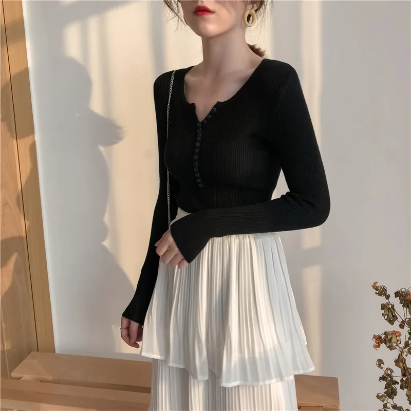 

Autumn Winter Slim V-neck button Knitted Sweaters Women 2019 Casual Basic Solid Pullovers Ladies Korean Style stretch Jumpers