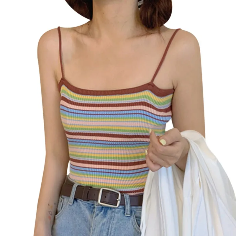 

Summer Women Knitting Striped Tank Tops Girls Sleeveless Tee Shirts Camis With Spaghetti Straps