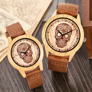 Wood Watch Men Women Couple Imitation Bamboo Wooden Quartz Male Watches Leather Mexico Skull Head Ho