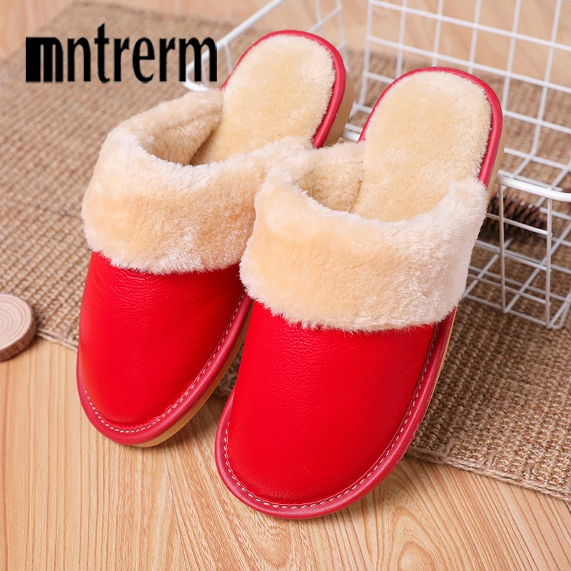 Женские домашние тапочки Mntrerm теплые кожаные шлепанцы на плоской подошве без