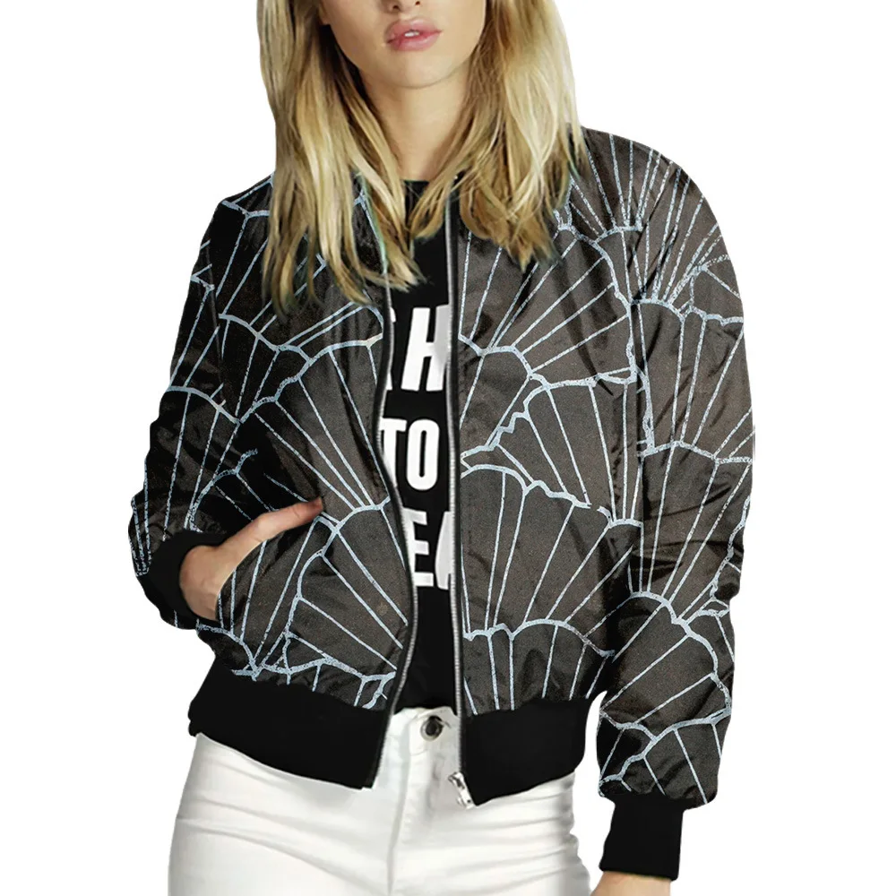 

Women Autumn Stripe Printed Jackets Ladies Zipper Up Bomber Outwear Spring Long Sleeve Short Thin Slim Casual Street Style Coats