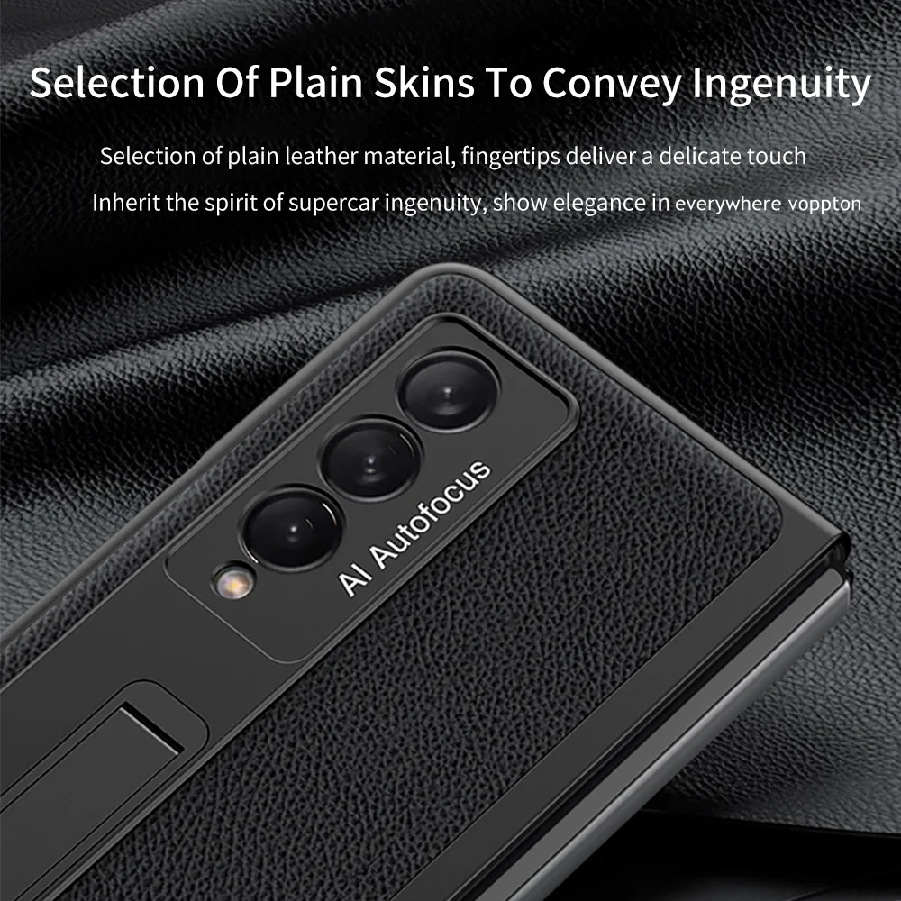 leather kickstand pen holder case for samsung galaxy z fold 3 5g phone case bracket with pen slot hard full protection cover free global shipping