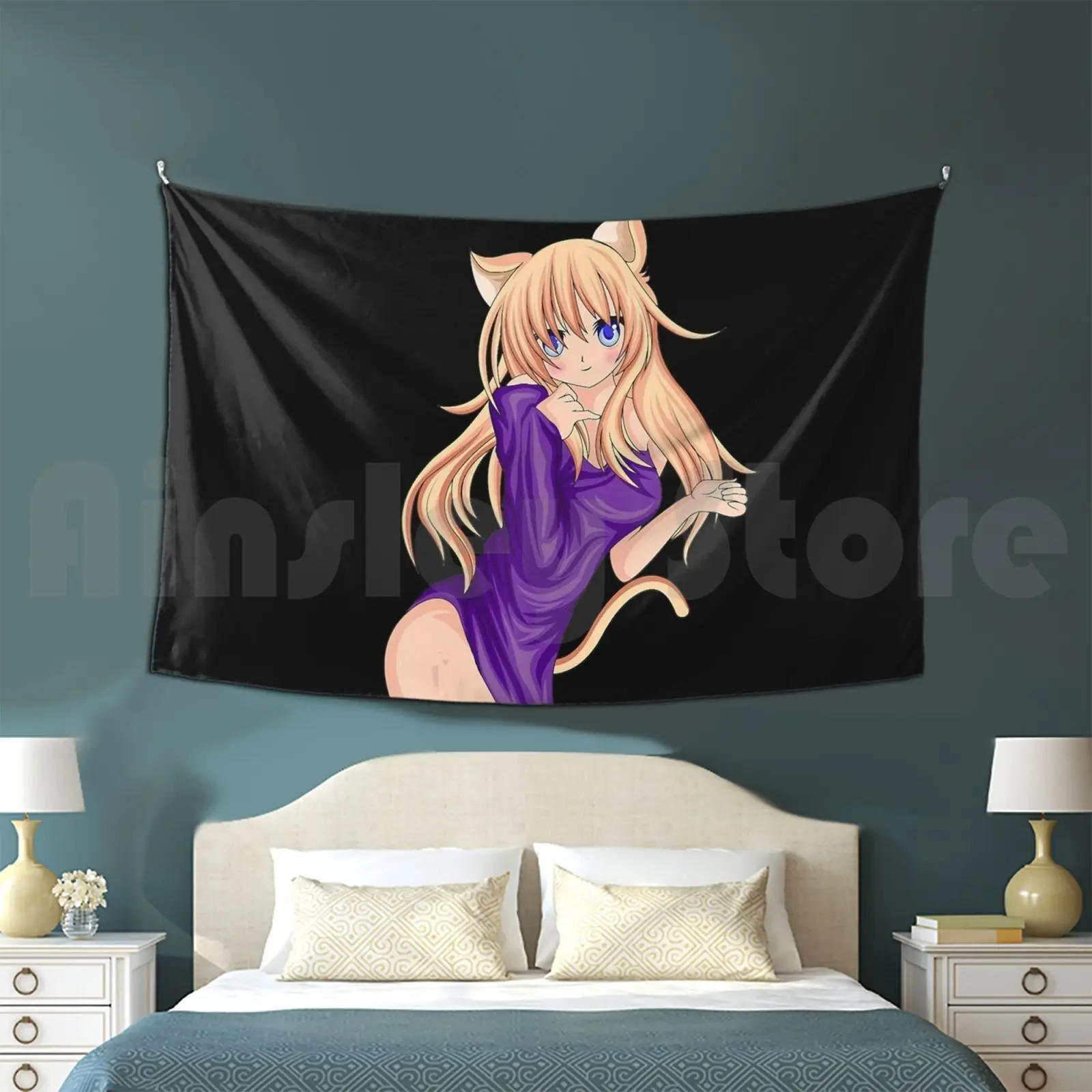 Японская аниме-девушка-кот Подарок для влюбленных Тапири Декоративное висячее изображение на фоне стены Манга Единорог.