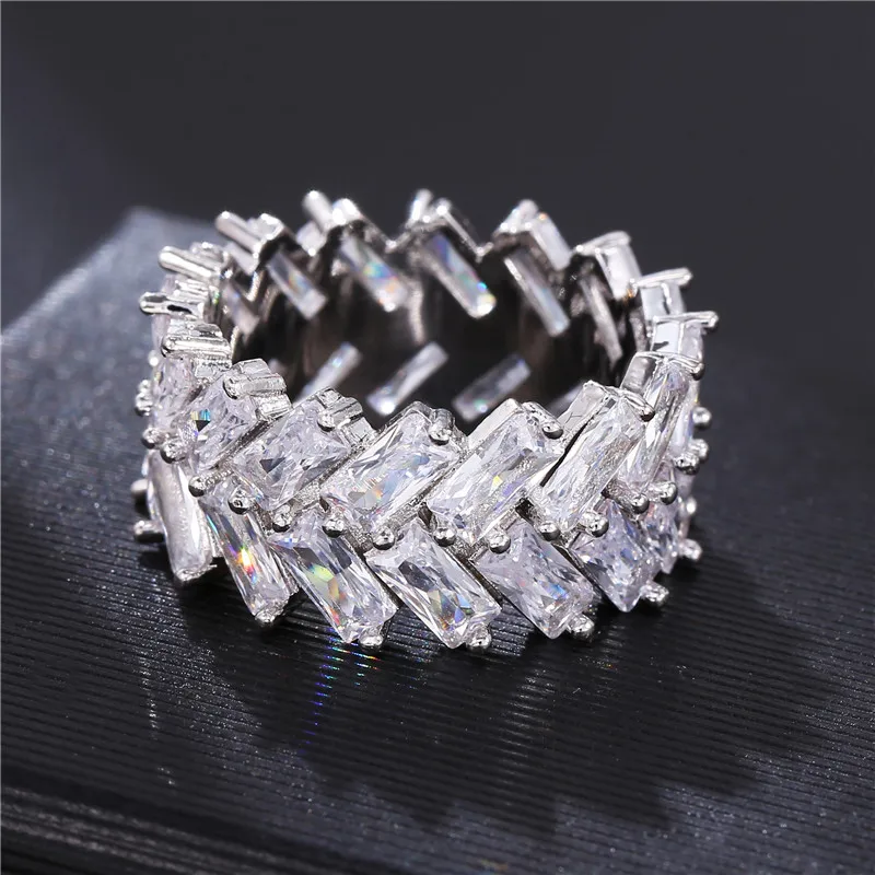 

2 Rows Hip Hop Ring For Men Rectangular Rhinestone Zircon Iced Out Luxury Couple Wedding Women High Quality Gift Jewelry