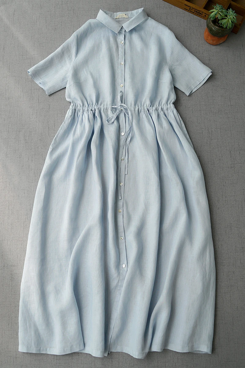 

Spring Summer Women Loose Drawstring Elastic Waist Mori Girls Comfortable Water Washed Linen Shirt Dresses