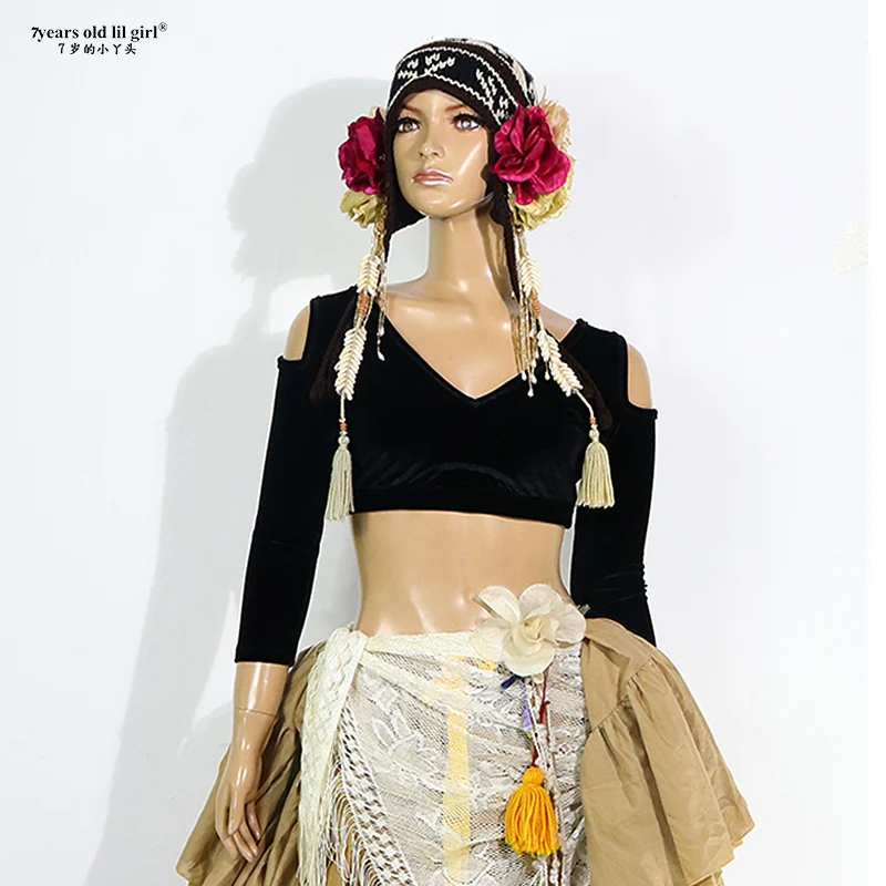 Бархатные толстый шанс Племенной чоли для танца живота падения с длинным рукавом