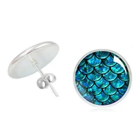 2019 new creative accessories blue fish scale girl time glass convex round fashion girl retro earrings ladies ear jewelry
