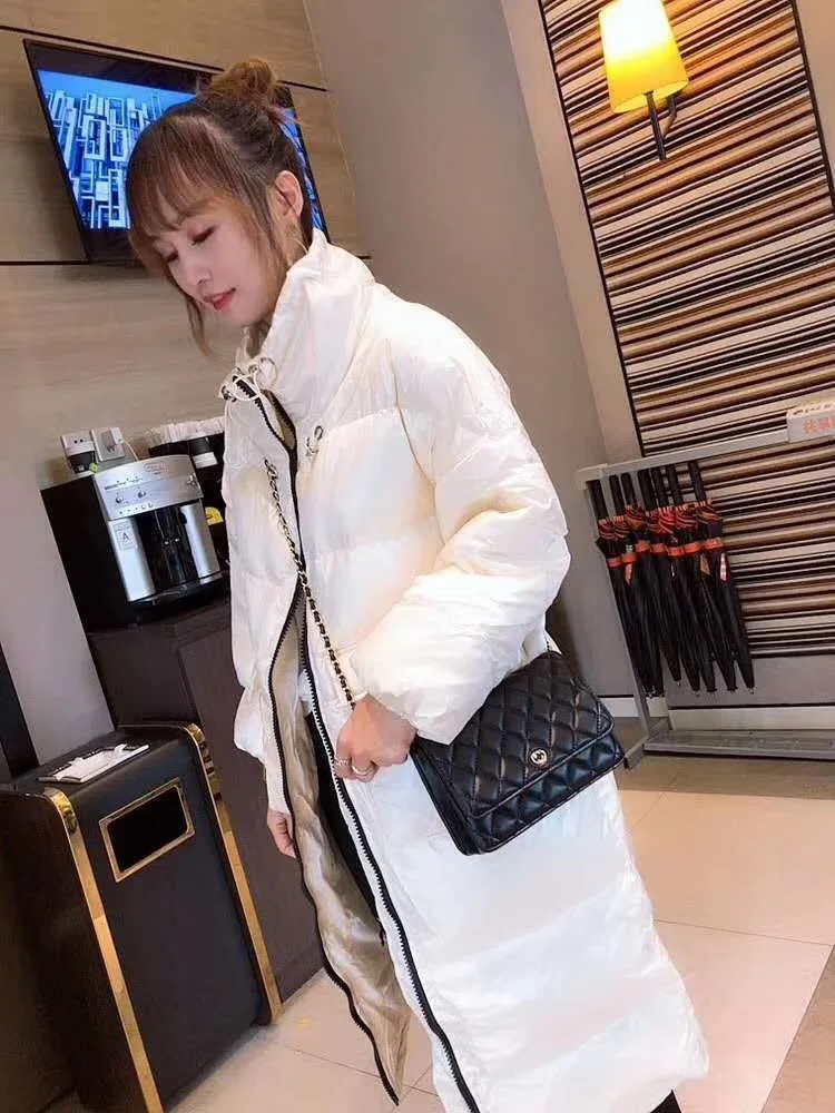 Модный брендовый женский пуховик популярный длинный на белом утином пуху