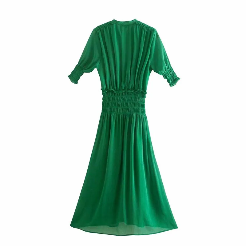 

2021 summer new women's single-breasted V-neck over-the-knee split long dress waist slimming green dress