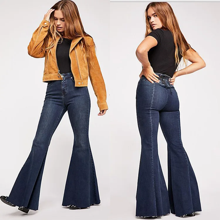 Womens Flare Jeans High Waisted Wide Leg Jean Woman Fashion Sexy Push UP Back Bandage Denim Pants Long Bell Bottom Skinny Jeansy | Женская