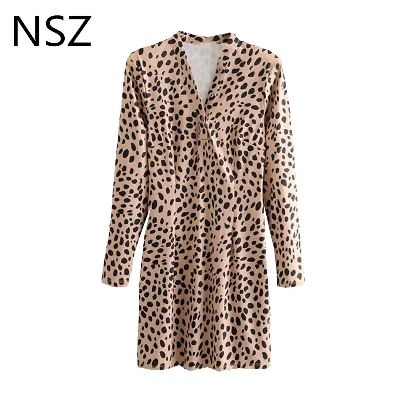 NSZ женское леопардовое Платье с принтом животных длинным рукавом глубоким v
