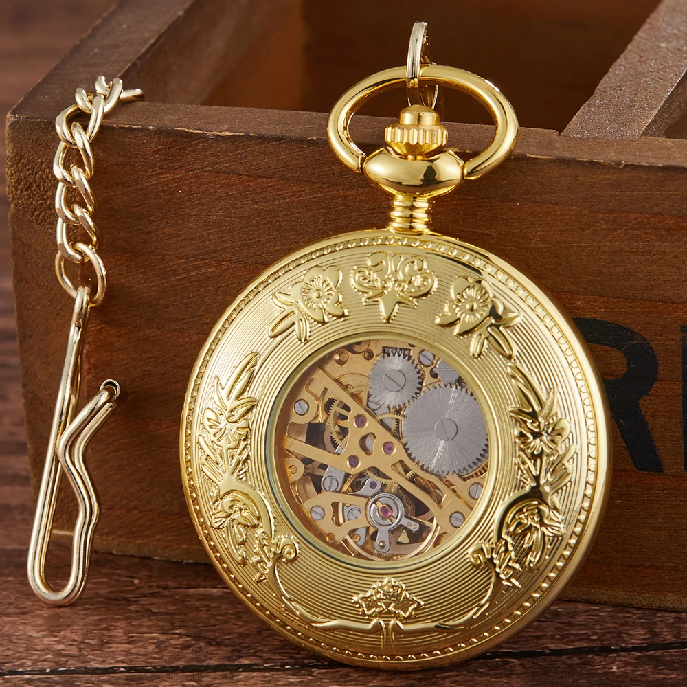 2022 Gold Phoenix Mechanical Pocket Watch Men Women Rose Hollow Steampunk Chain Double Clock Roman Dial Silver Necklace Pendant
