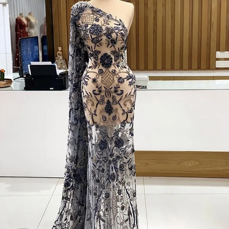 

YILIBER Evening dresses 2021 vintage vlack pearls long sleeves evening gowns beading prom dresses for women short dresses