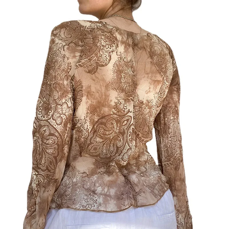 

lacing top woman clothesvintage printed mandarin sleeve