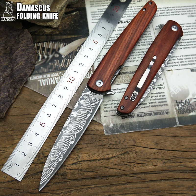 

LCM66 Folding knife Damascus steel Handmade forged knife hunting knife 59HRC rosewood handle with Portable Outdoor knife Tools