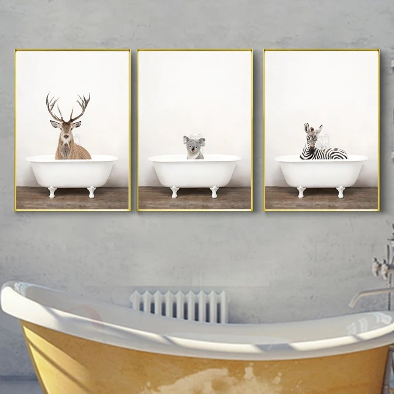 

Baby Animal in Bathtub Poster and Prints Panda Giraffe Elephant Canvas Painting Nursery Wall Art Nordic Picture Kid Room Decor