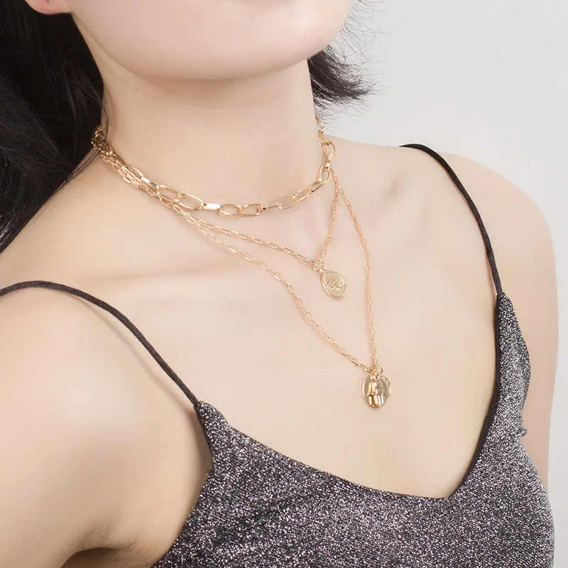 

Popular Accessories Europe And America Simple Beauty Like Gesture Tag Necklace Multi Layer Round Pendant Clavicle Chain