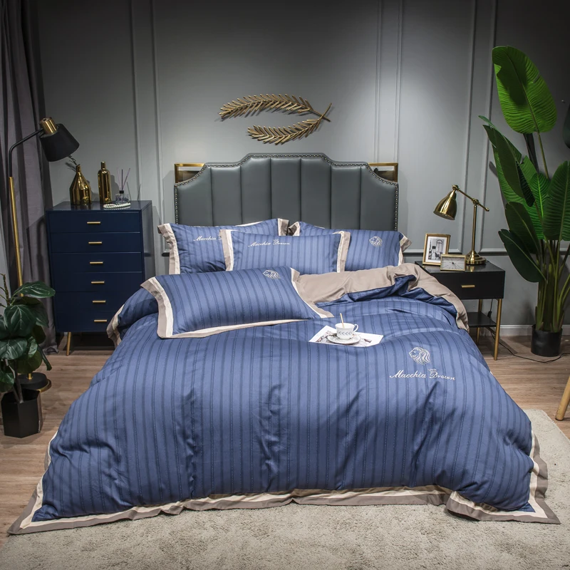 

Blue Yellow 1000TC Cotton Stripe Bedding Sets Queen King Size Embroidery Duvet Cover Flat/Fitted Sheet With Rubber Pillowcase