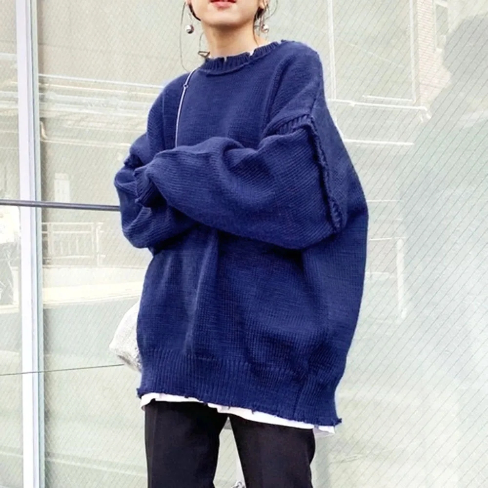 

Two-Wear Knitted Cardigan With Raw Edge Personality Simple Women Loose Sweater Tide Female Fashion Tops Japanese