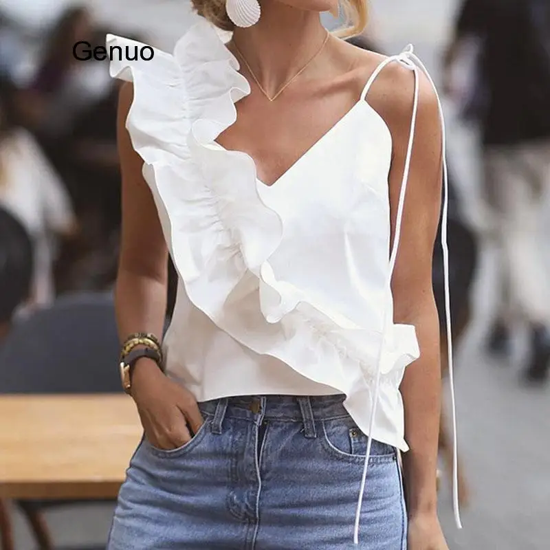 

Women Summer Blouse Shirts Sexy V Neck Ruffle Blouses Backless Spaghetti Strap Office Ladies Sleeveless Casual Tops