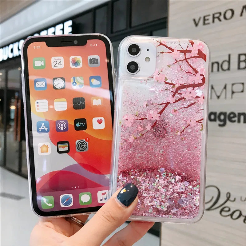 Pink Spring Cherry Blossoms For iPhone 14 Pro Max 13 12Mini 11 XS XR X SE 2020 6 6S 7 8 Plus Case Glitter Liquid Quicksand Cover