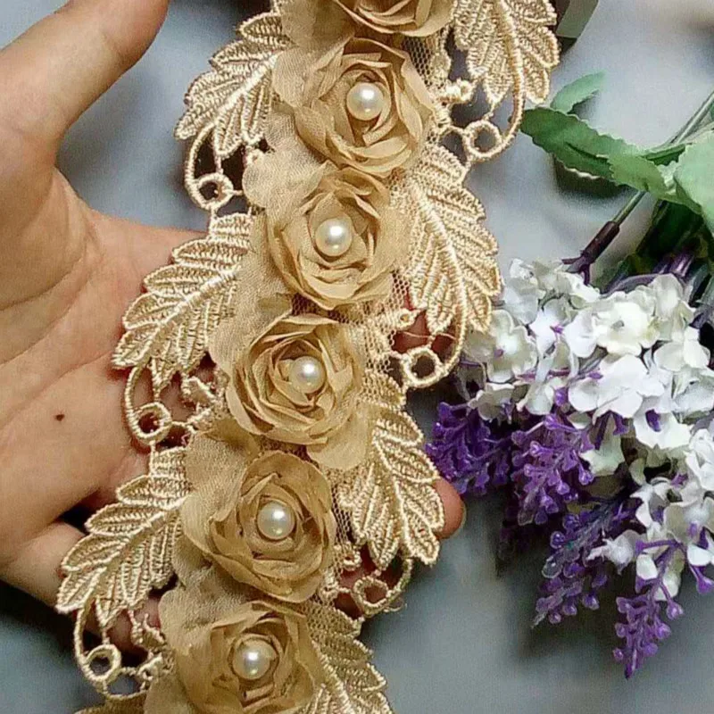 1 ярд золотые растворимые 75 мм жемчужные розы вышитые кружева отделка Лента ткань