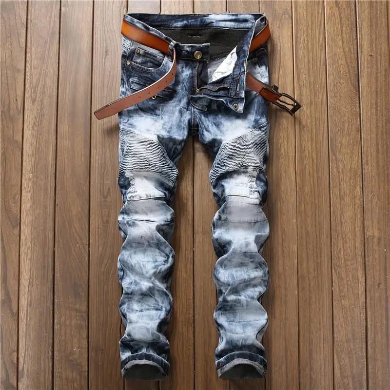 

New Arrivals Men's Jeans Elastic Embroidery Jeans Men's Ripped Biker Denim Pants