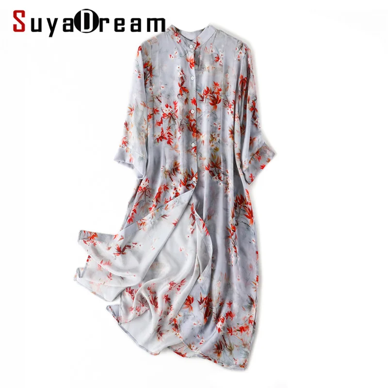 Женская Длинная блузка 100% натуральная шелковая жоржета винтажная печатная