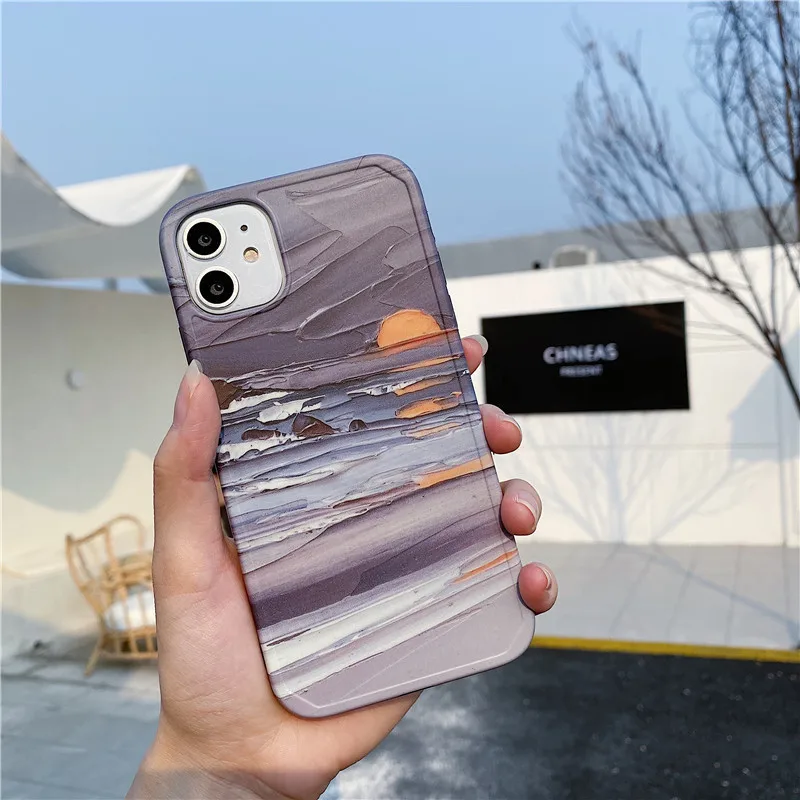 Ретро Закат пляж волны рисунок художественной краской чехол для телефона iPhone 12 11
