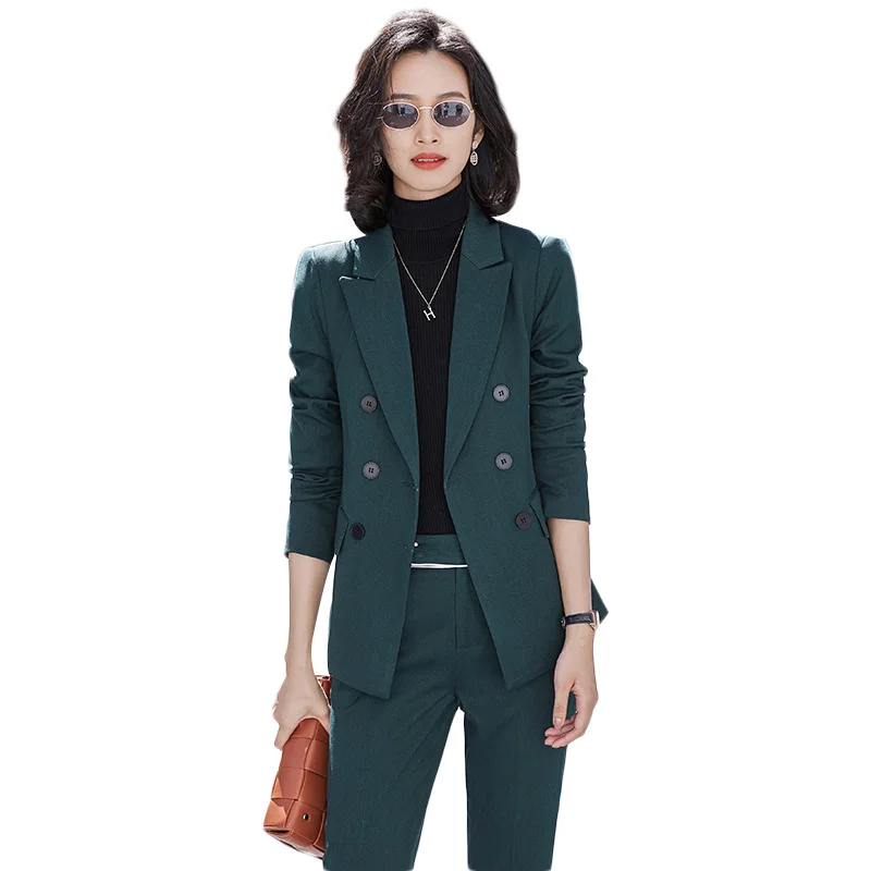 

Women Green Work Business Formal Pant Suit Autumn Winter 2 Piece Set Stripe Oversize Blazer Jacket and Trouser For Interview