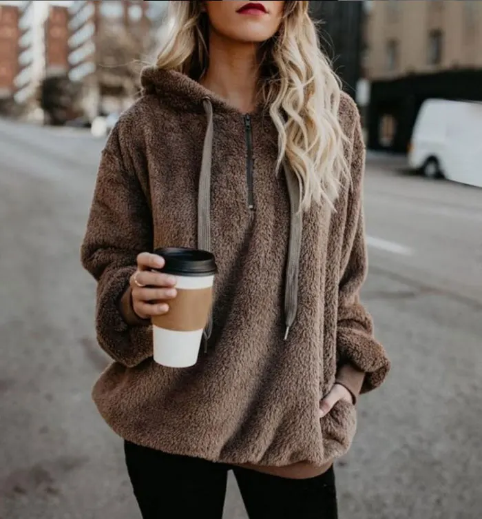 

Women Fleece Hoodies 2021 Long Sleeve Hooded Pullover Sweatshirt Autumn Winter Warm Zipper Pocket Fur Coat Plus Size 5XL