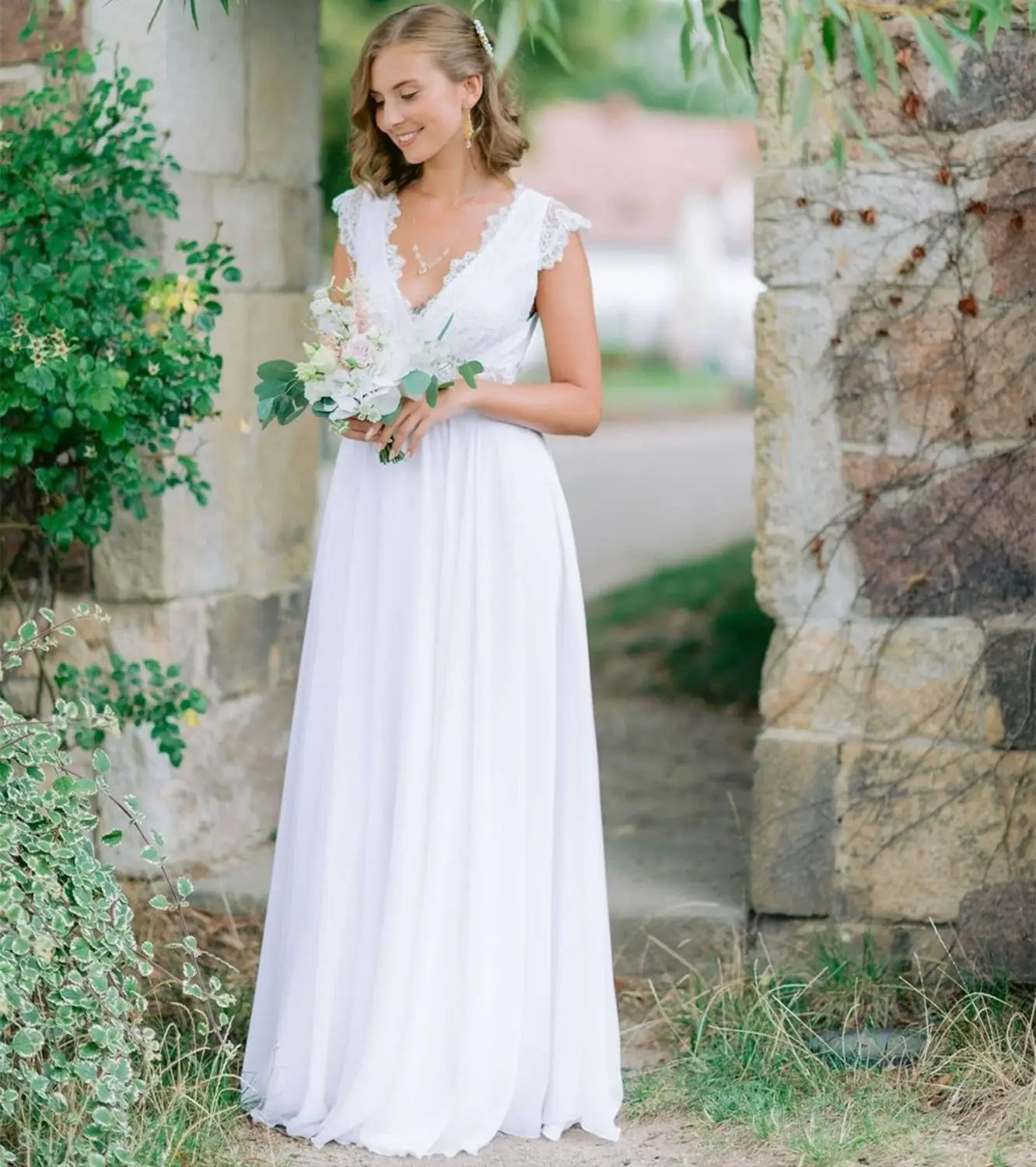 

Wedding Dress Boho Sexy Deep V-Neck A-Line Lace Chiffon Backless Bridal Gowns Sleeveless Floor Length Simple Beach Robe De Marie