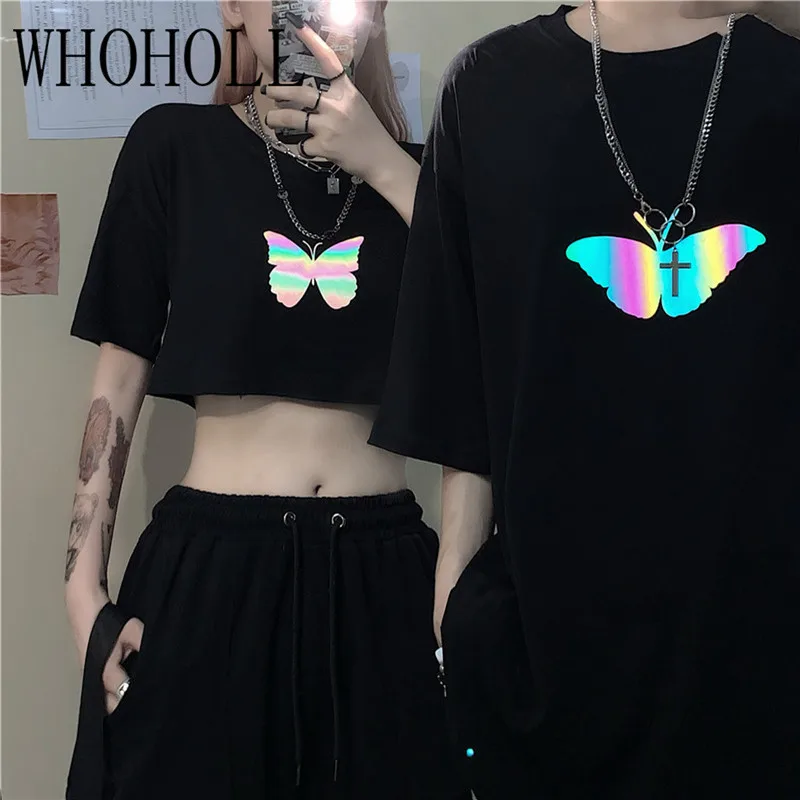 

WHOHOLL Summer Man Women T-shirt Tee Fashion 3M Reflective Butterfly Printing Loose Couple Short Sleeve T-shirts Crop Tops