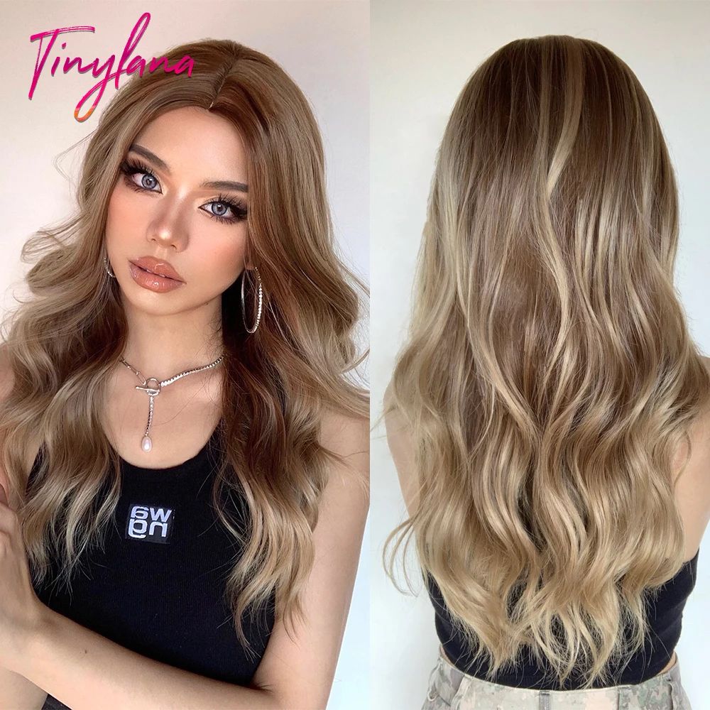 

TINY LANA Long Ombre Brown Blonde Synthetic Wigs Middle Part Body Wavy Wigs For Woman Cosplay Party Natural Hair Heat Resistant