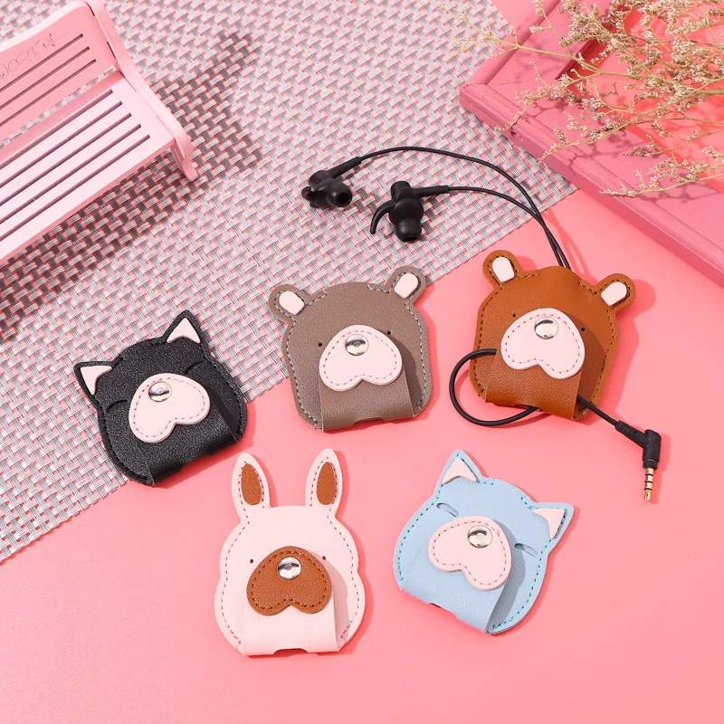 

Headphone Storage Box Portable Data Cable Earphone Line Cute Cable Winder Mini Retro Cartoon Leather Bag Protective Cover
