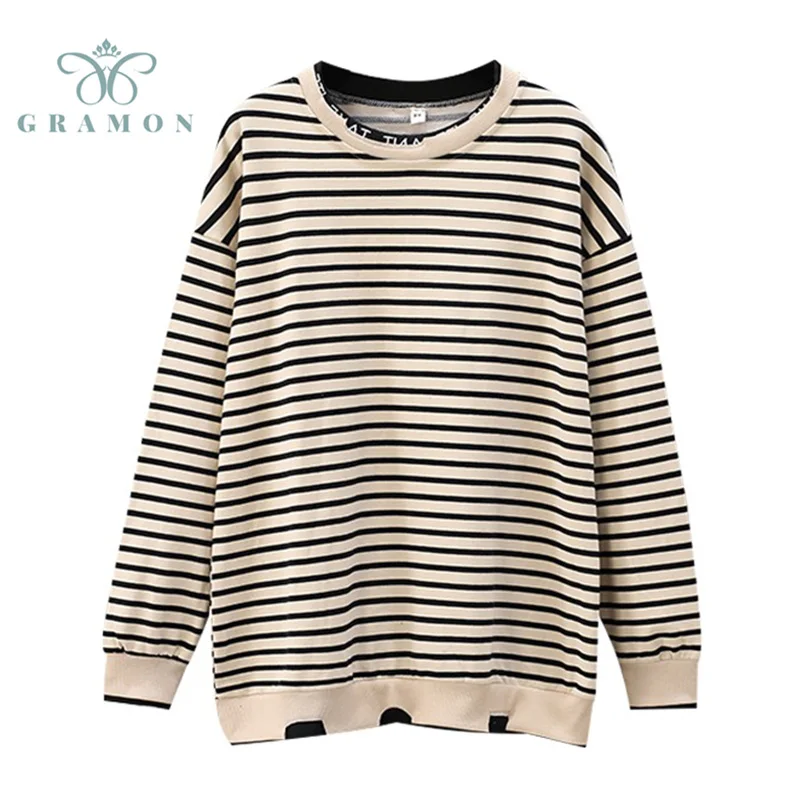

Oversized Hoodies Women Autumn Clothing Blouses Fashion Striped Long Sleeve Tops Loose Splicing Sweatshirt Girl Casual Pullover