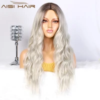 aisi hair synthetic long wavy wig with bangs ombre blonde wigs for women natural heat resistant hair platinum black color