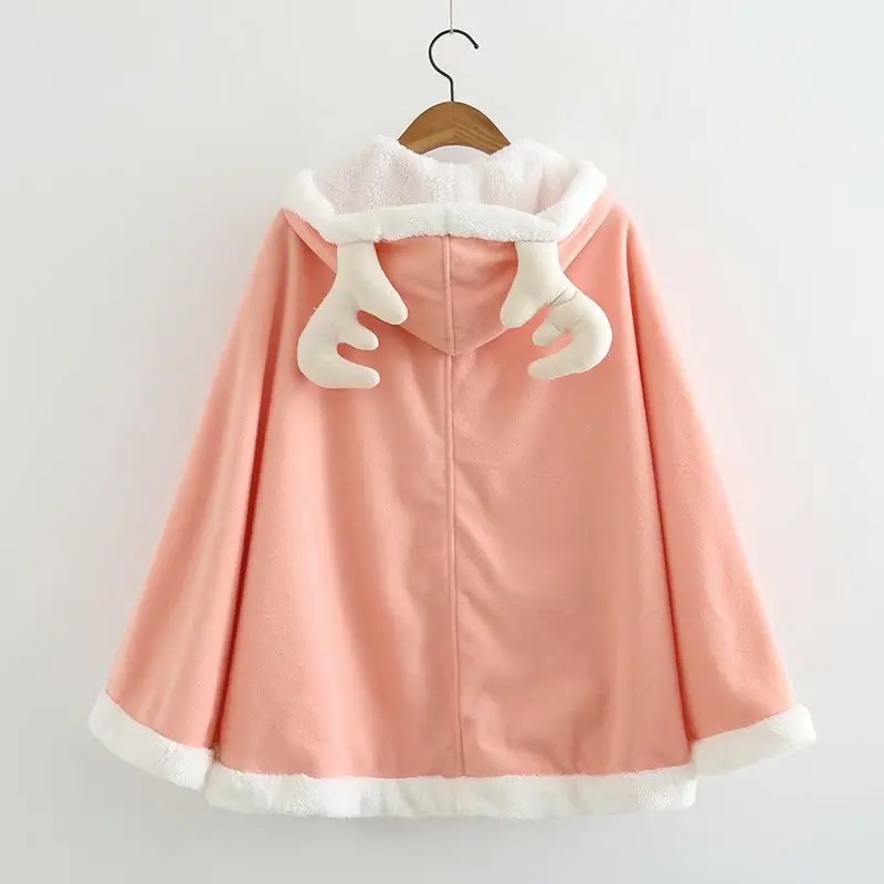 Женская кавайная накидка на Рождество теплое пончо с капюшоном и маленьким